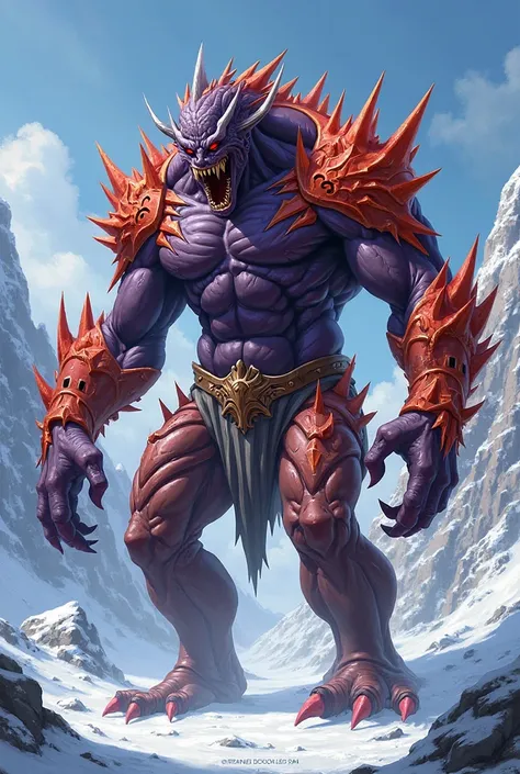 The image is a highly detailed digital illustration of a fantastical, anthropomorphic creature standing in a snowy, mountainous landscape. The creature is muscular and imposing, with a deep purple, almost black skin that glistens under the bright sunlight....