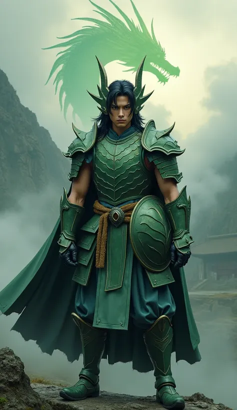 Shiryu the man in bronze armor, Shiryu is the character from the anime, Knights of the Zodiac , he has big black hair and, at waist height in an ultra realistic style, como se fosse um live action.  he's standing, wearing the Dragon Bronze Armor, with a ro...