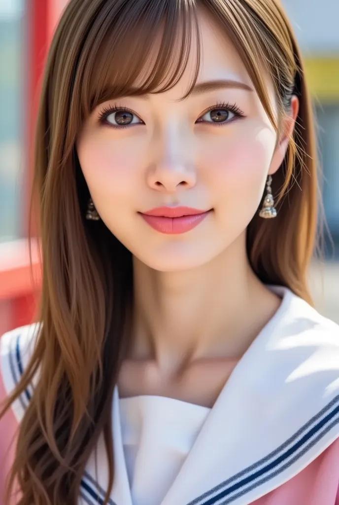  Japanese women like idols , long hair ,  straight hair  , round face , sailor suit , as shown in the picture, squats , pant shot,full body, white socks,brown loafers,Expand Your Legs、 white panties ,((kiss scene with fat man watching e gi, Viewer)).live-a...