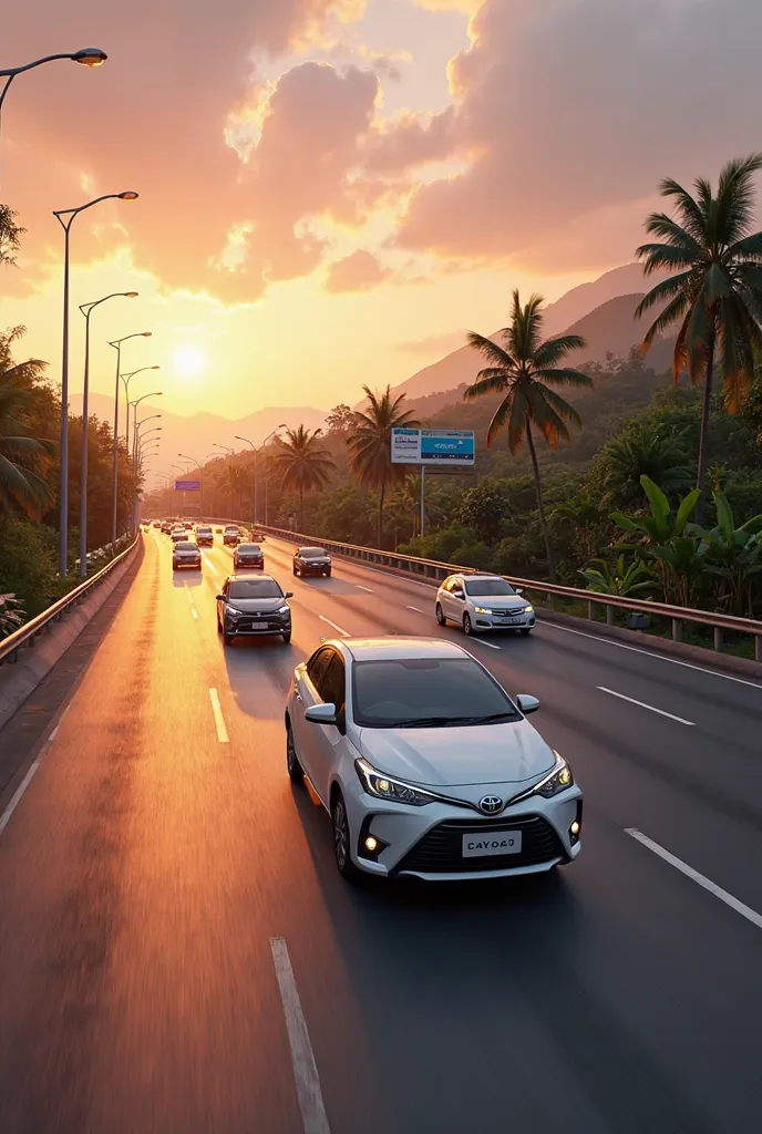 Create a highly realistic AI-generated image of a Toyota Vios driving on a modern highway during sunset, set in a tropical Asian environment. The scene should capture the warm, golden hues of the twilight sky, with soft gradients of orange, pink, and purpl...