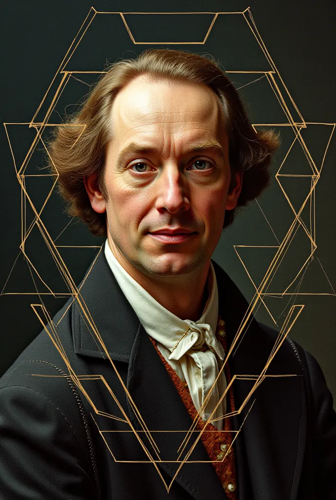 I need an image of Pierre de Fermant's face and all around him geometric figures such as triangles, squares, triangular and pentagonal prism and a symmetry of a pentagon