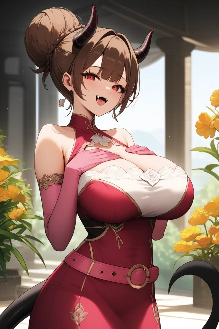 Комната background, background,xytx-licking,1girl,One,red eyes,brown hair, hair bun ,hair,big breast,flower,pink одеваться, bare shoulders are visible,sleeveless , pink одеваться,  pink  glove belt,elbow  glove belt, open chest, neckline,  glove belt,has, ...