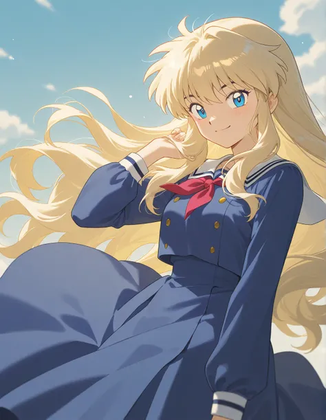 One  girl that is a sixth grade primary school student. She has really long wavy light blonde hair with shiny blue eyes with blue dress uniform. She is smiling. Kind. Inuyasha anime character art style. High quality. 