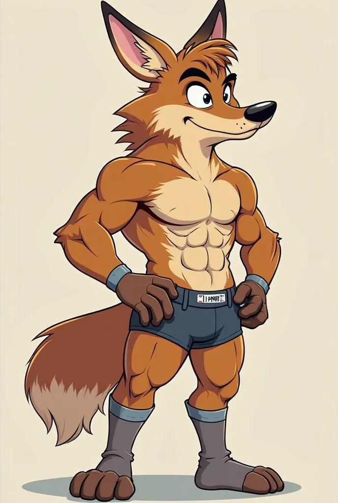  Make an anthropomorphic furry coyote,Make him a himbo, a Big,dumb, muscular jock Who loves sports and socks, he's only wearing jockstraps revealing his muscular ass and some long ankle grey sport socks on, without shoes, cartoon art