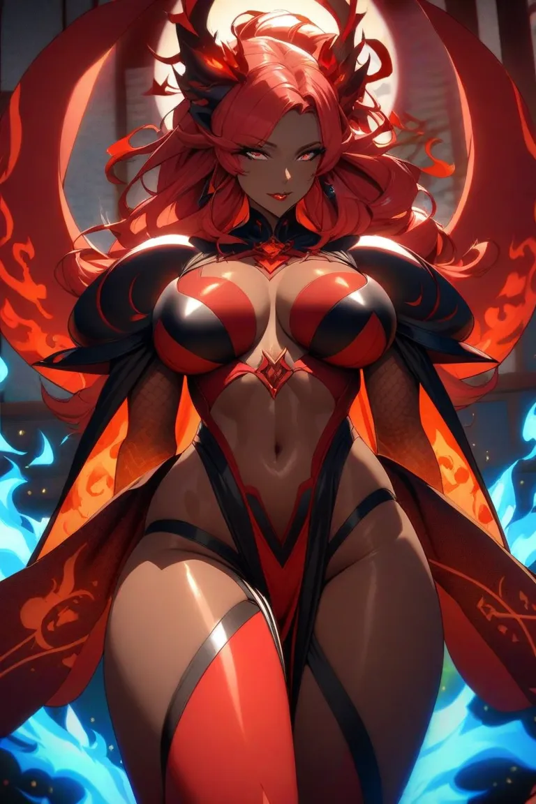 Brown skin, red long hair, beauty， mature, tarting，demon, Sexy，fire magic ，wearing Japanese costume, beautiful breast, 2D Anime