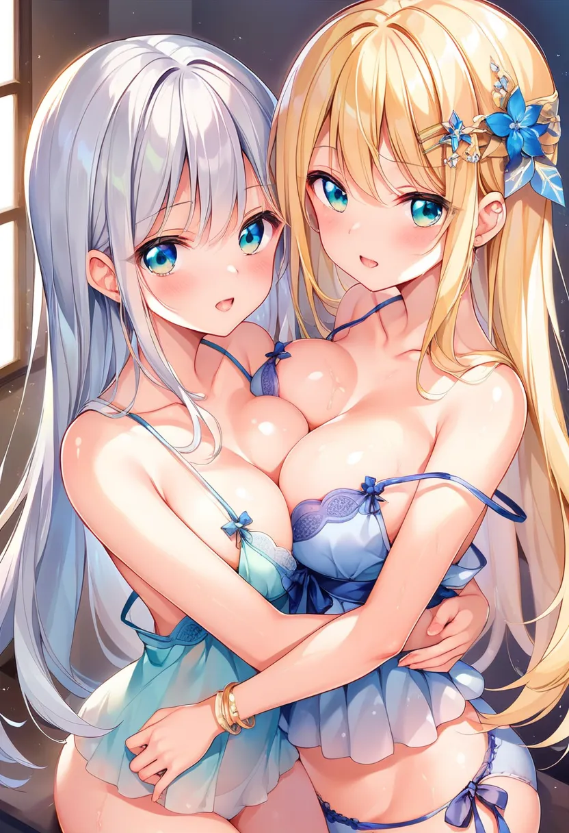 ((Highest quality))、((masterpiece))、(exhaustive)、two girls hugging、Homosexuals、Blonde and silver hair long hair、 busty tits 、Japanese style bedroom、sexy nightgown、A dark room with indirect lighting、Seductive Atmosphere、Watery eyes、flushed cheeks、Face to fa...