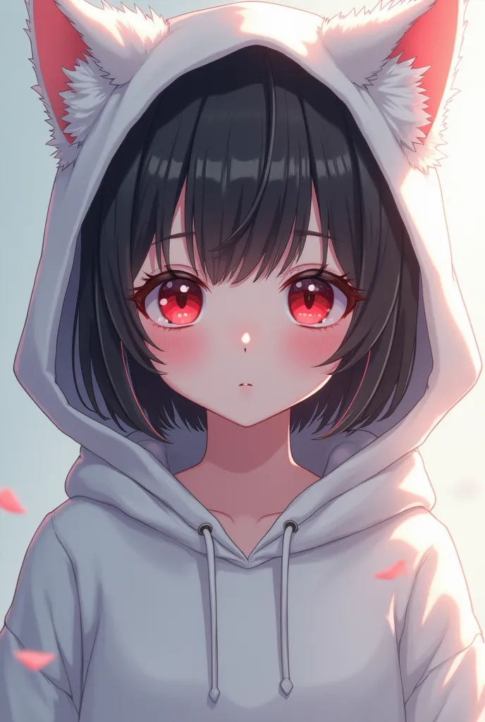  a  girl,  white cat ears,  white skin and red eyes , with a hairy white hoody in anime style