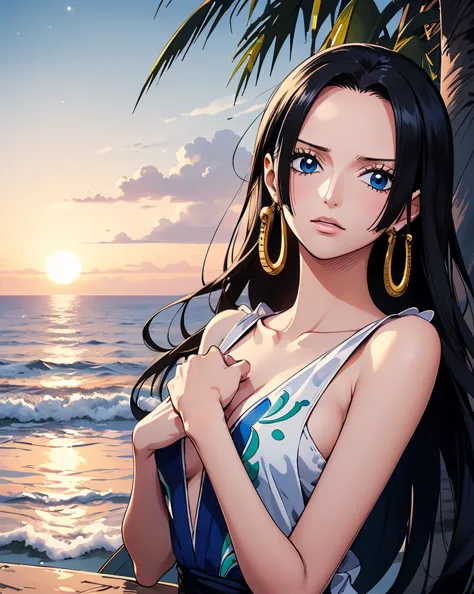 Boa Hancock (One Piece), Boa Hancock hair style, with long flowing black hair stands on the shore at sunset. She wears a shimmering, iridescent dress that reflects pastel hues of pink, purple, and blue, flowing gently in the ocean breeze. Her delicate feat...