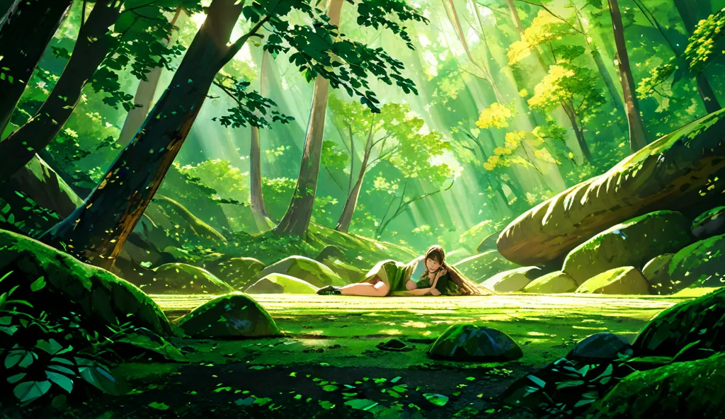 Open view plan in top view of a young lady lying on the forest floor. Sunlight passes through the leaves of the trees and illuminates the environment.