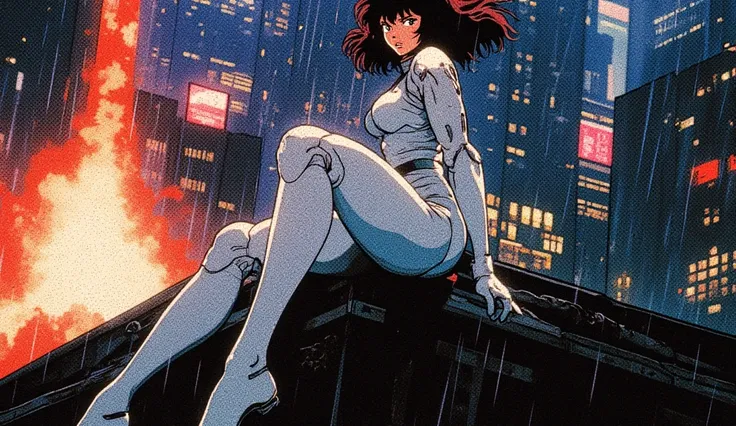 A full-body anime character in the style of Masamune Shirow's Ghost in the Shell blended with 80s/90s anime aesthetics like Akira, depicted mid-flight leaping from a skyscraper rooftop at night, preparing for battle with a dynamic, aggressive pose. She has...