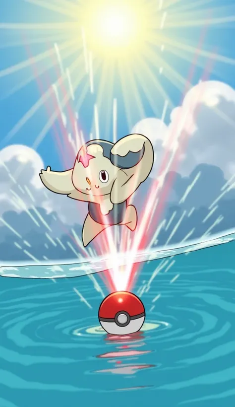 "Whoosh! The Poké Ball spins through the air, cutting through the sunlight. It flies straight towards Aquafinn—direct hit! A bright red light engulfs the Pokémon, pulling it inside the ball. The Poké Ball lands on the surface of the water, floating gently ...