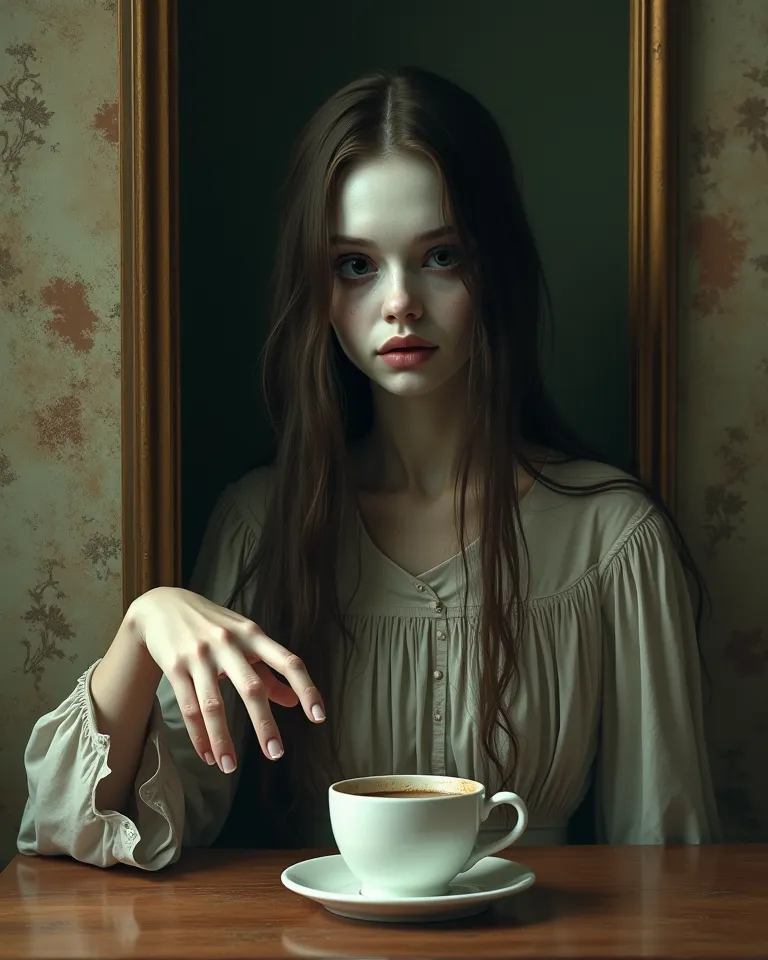 A portrait of a female ghost with long hair, a shabby and dirty white dress, a pale face with black eyes peeking out of the painting frame, staring creepily at the camera, her hand reaching out to take coffee on the wooden table, creating a surreal and int...