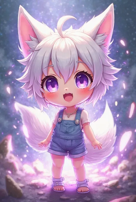 A age chibi boy with fox ears and white hair who has a white and purple pulse in animated style 