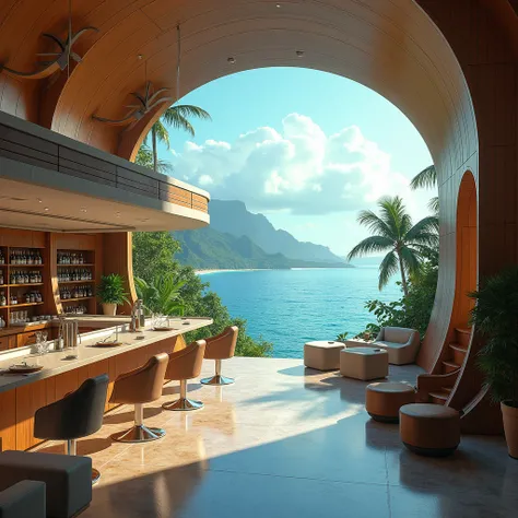 bird's eye view of a d'un (très très vaste salon en courbure), (overlooking the magnificent bay of Hawaii with hight mezzanine), inspired by Dennis Fremont, Wide-Angle, ((masterpiece)), high details, 8k, (retro futurism style), ambiance coleur mocha mousse...