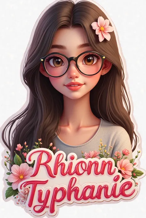 Create a 3D render of a holographic photo realistic in a sticker of a beautiful filipinaa animé girl with dark brown eyes amd eyeglasses, with long straight brunette hair with mini flowers. Sweet smile. Below is a 3D name "Rhionn Typhanie" written in elega...