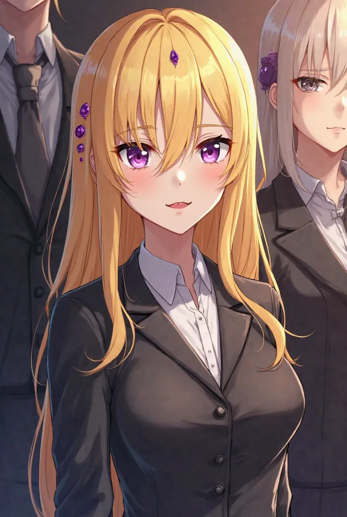 A 30-year-old female anime character with transparent yellow hair is beautiful. She wears the clothes of a business manager, her eyes are stuck, her eyes are glowing, she wears red lips. She has beautiful eyelashes. She has three purple jewelry that shines...