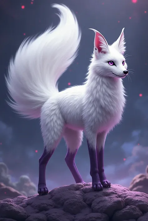 white fox with dark purple legs and tails, nine tails,  small with space-like purple eyes,   arrogant look, 