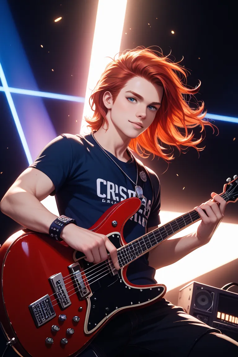 A man with red hair is playing an electric guitar