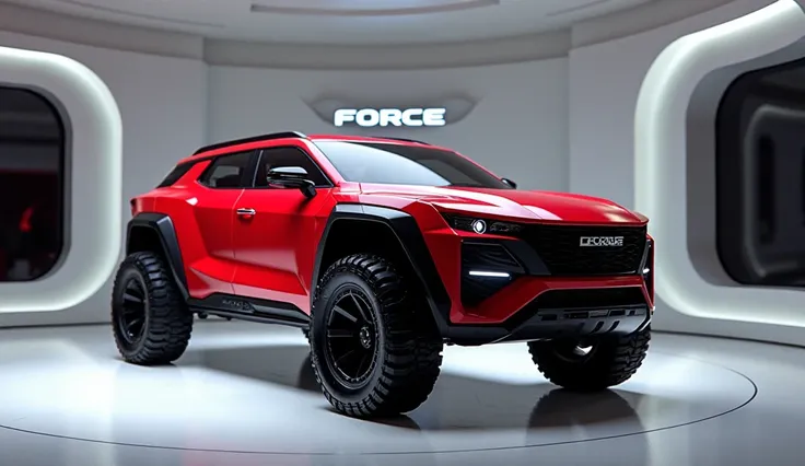 The image depicts the front  view of
2025( Force Gurkha)  (red  ) clour. in a futuristic, well showroom and back ground well logo(force ) . full great size with Good's walls and  highlight 56k.