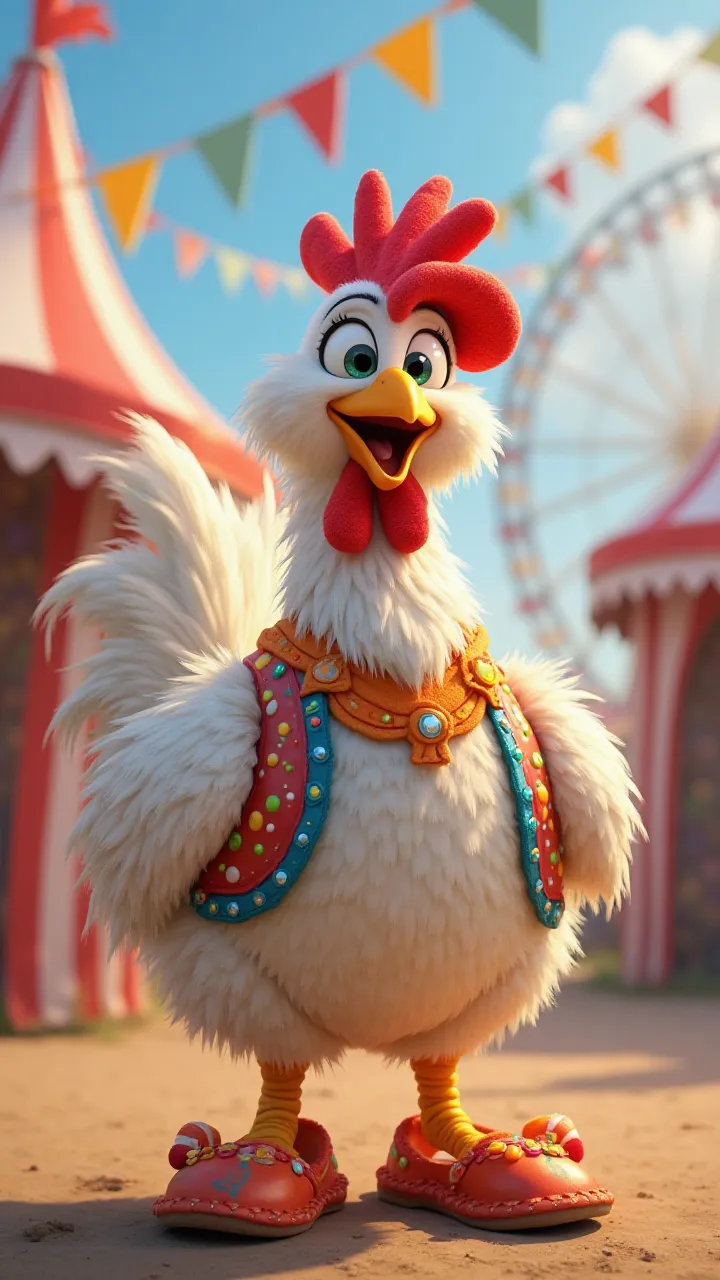 Chicken with carnival clothes.  Disney Pixar style 