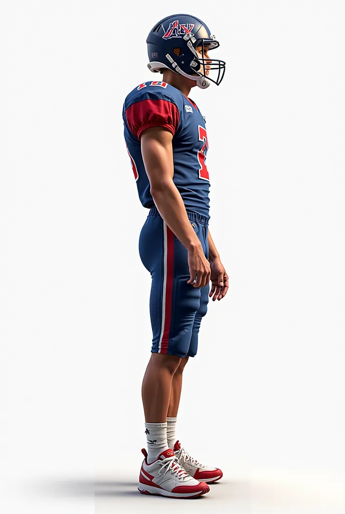 Generate a realistic image of a boy of about 25 years old who plays football in an American high school. He must wear a football uniform with a visible number,The number is possibly red blue and white , but without a helmet. It must be turned slightly in p...