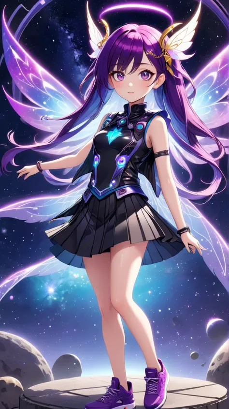 A detailed illustration anime style of a magic fairy with long vibrant purple hair and pointy ears. She has two large wings, one with a futuristic pattern of dark circuits and the other with a brilliant cosmic design, filled with stars and spiral galaxies....