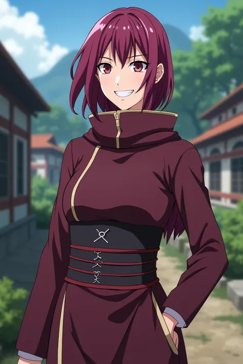 

" Naruto Shippuden anime capture : SINGLE 18-year-old woman,  very beautiful, cinnamon tea, EYES LIKE DARK BROWN,Vinotinto hair  (violet red), medium hair sexy female ninja costume outfit with fringe curtain and debrushed capes, Laughing faction , NARUTO...