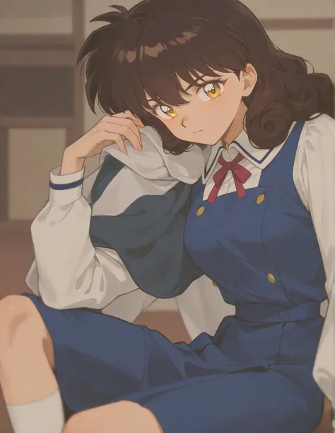 One  girl that is a sixth grade primary school student. She has really short curly brown hair with shiny golden eyes with blue dress uniform. She is calm. Kind. Inuyasha anime character art style. High quality. 