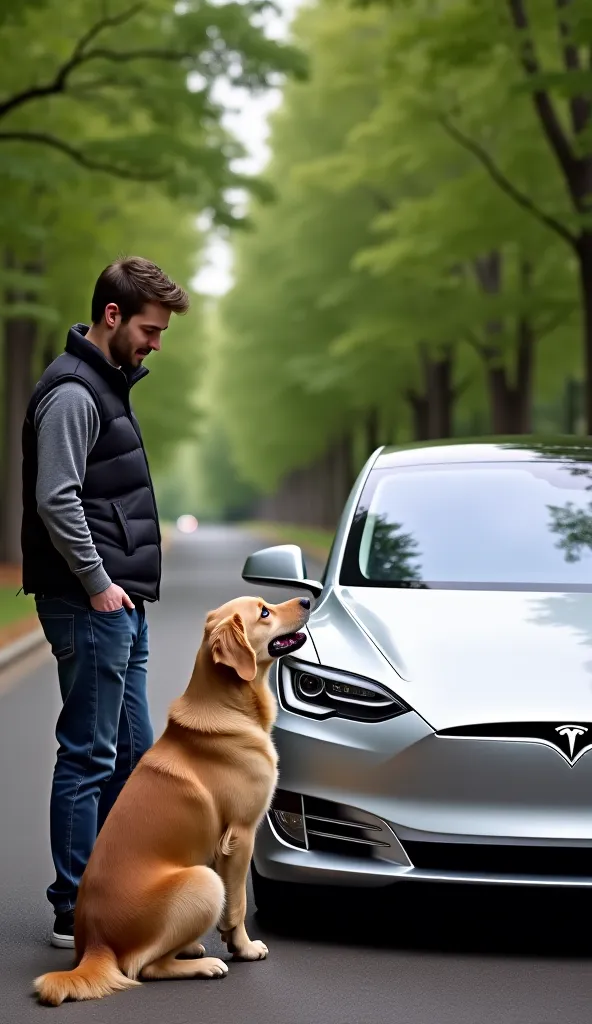 A peaceful outdoor setting with a tree-lined street, capturing a friendly interaction between a person and a golden retriever. The person, wearing a dark vest over a long-sleeved shirt and jeans, stands next to a silver Tesla Model S parked on the side of ...