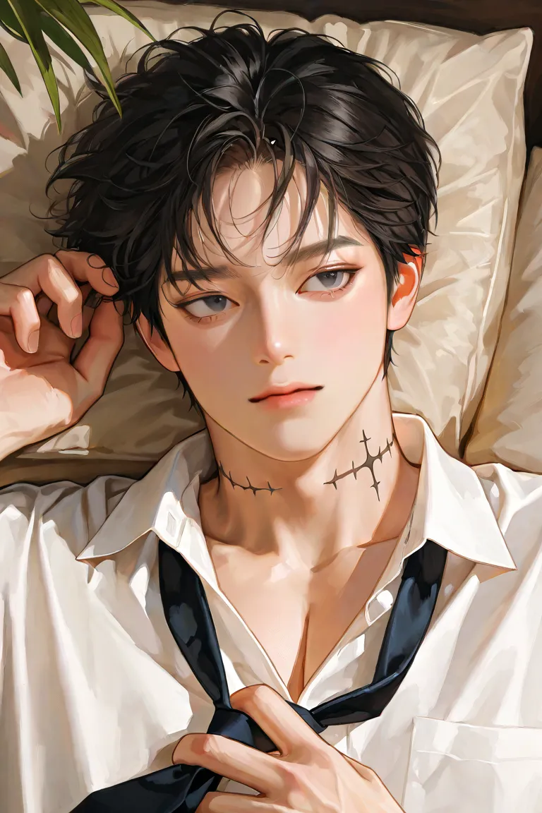 middle-aged male,  handsome,  Lying, 헝클어진  BLACK HEAD  ,  dark circles under the eyes ,  short hair,  Male-centered,  handsome man, Thick paint  ,     Korean Comic Style    ,   semi-realistic art   ,   semi-realistic art   style,   Expressive Brushwork ,  ...