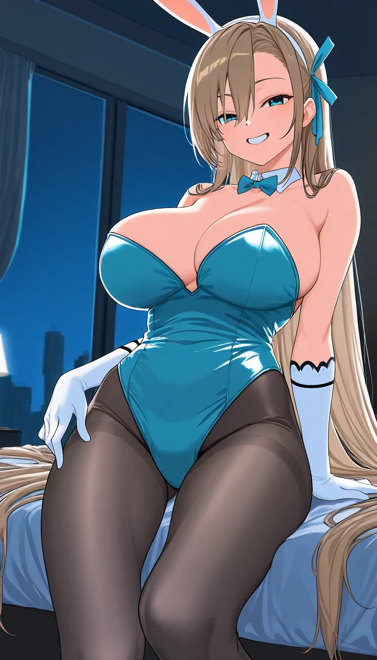  score_9,  score_8_up,  score_7_up, source_anime,1 girl, alone, Asuna,  long hair,   popup,too big chewy boobs, big breasts ,  neckline ,  thighs, (bunny girl), black tights, smile,Bedroom at night,  smile,  detailed hands