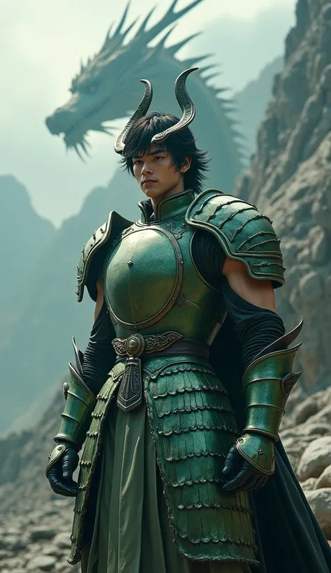 Shiryu the man in bronze armor, Shiryu is the character from the anime, Knights of the Zodiac , he has big black hair and, at waist height in an ultra realistic style, como se fosse um live action.  he's standing, wearing the Dragon Bronze Armor, with a st...