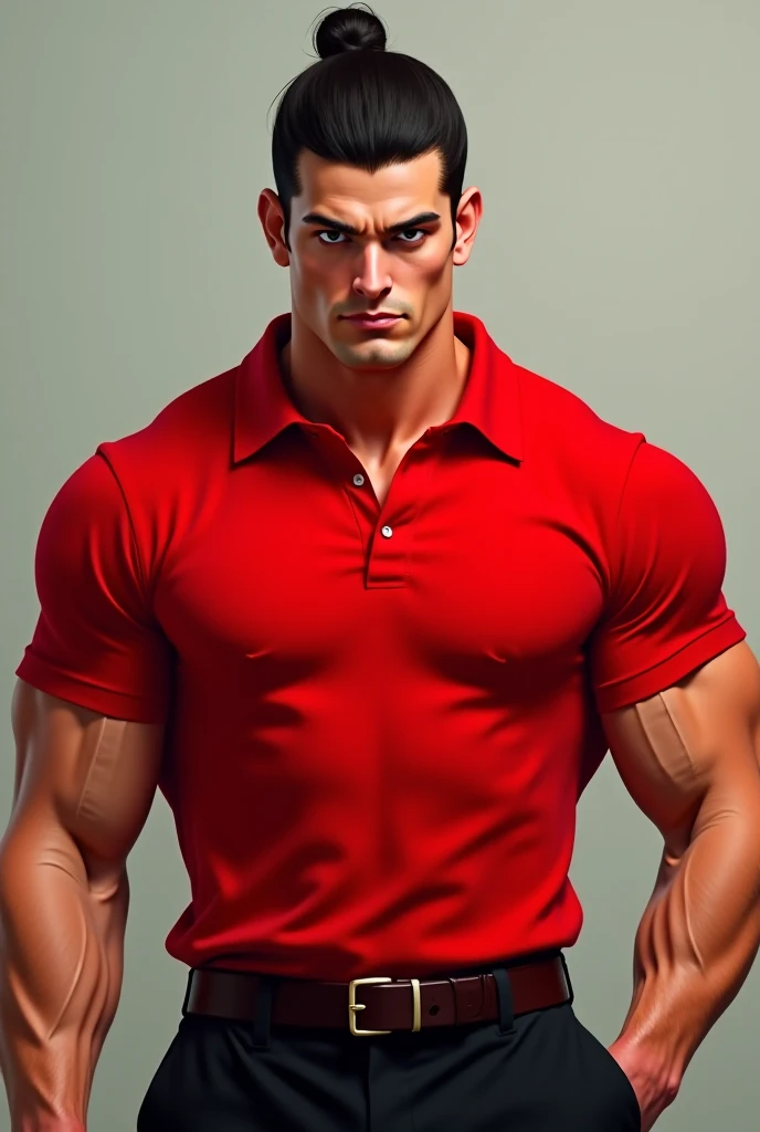 Image of a tall and strong man, White with black hair tied without drool and a red polo t-shirt