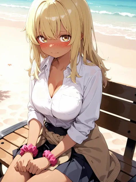 1girl,solo,cute,kana_higa, long_hair, blonde_hair, yellow_eyes, brown_eyes, dark-skinned_female,school_uniform, collared_shirt, breasts, cleavage, white_shirt, wrist_scrunchie sleeves_rolled_up, wrist_scrunchie, pleated_skirt, clothes_around_waist
,looking...