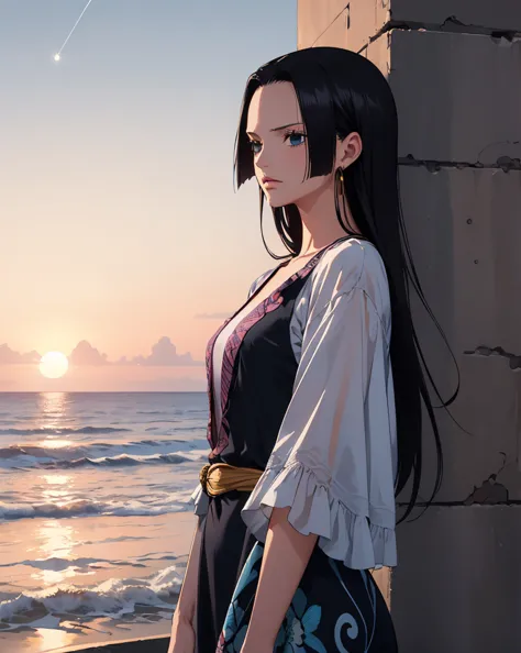 Boa Hancock (One Piece), Boa Hancock hair style, with long flowing black hair stands on the shore at sunset. She wears a shimmering, iridescent dress that reflects pastel hues of pink, purple, and blue, flowing gently in the ocean breeze. Her delicate feat...