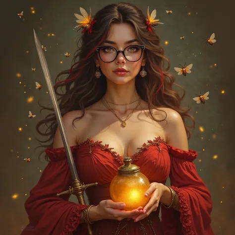 Realistic epic image of a brunette warrior with red highlights in her hair, With black eyeglasses . Incorporates little bees as well as a sword and a bright honeypot In his hands. She is wearing a red evening dress that covers her shoulders and chest with ...