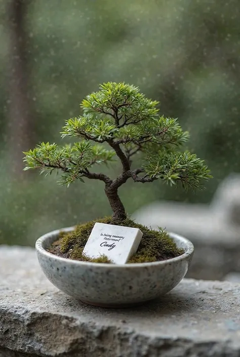 A bonzai tree with a small beautiful marble grave underneath and the engraving "in living memory of Cindy" on. The bonzai tree in a bowl suitable for a gift 