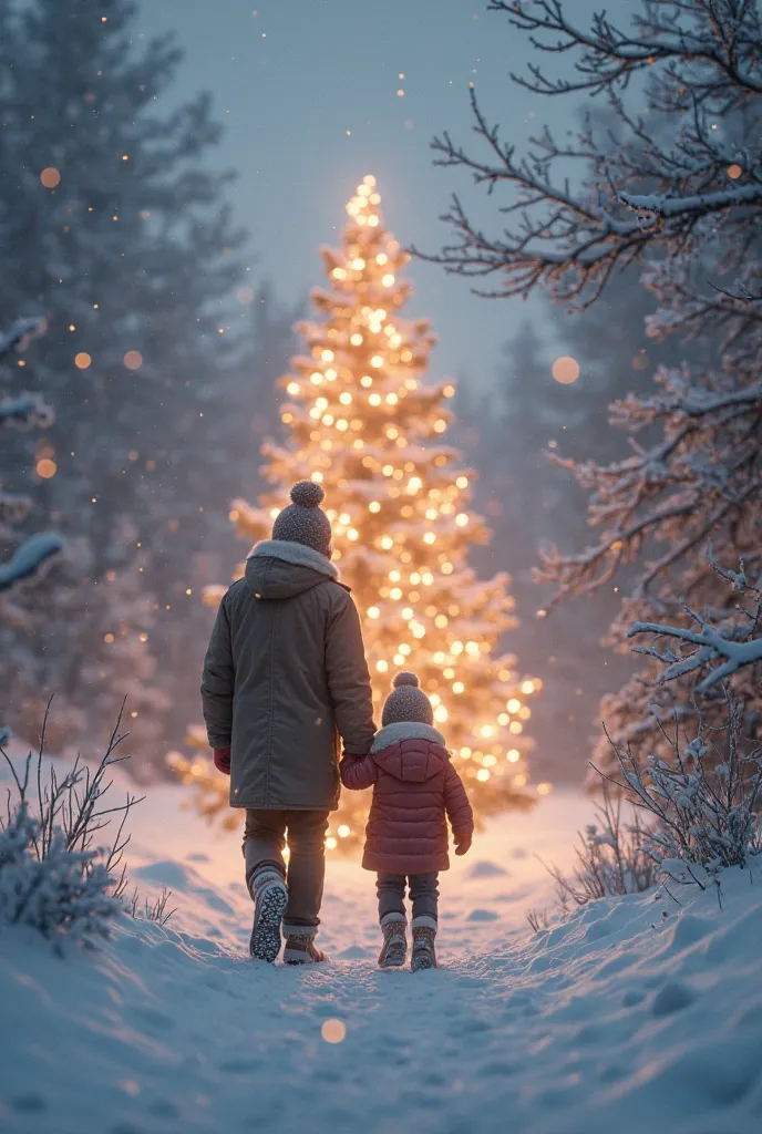 "Father and  walking in snow near a Christmas tree, winter scene, magical lights, soft snowfall."
