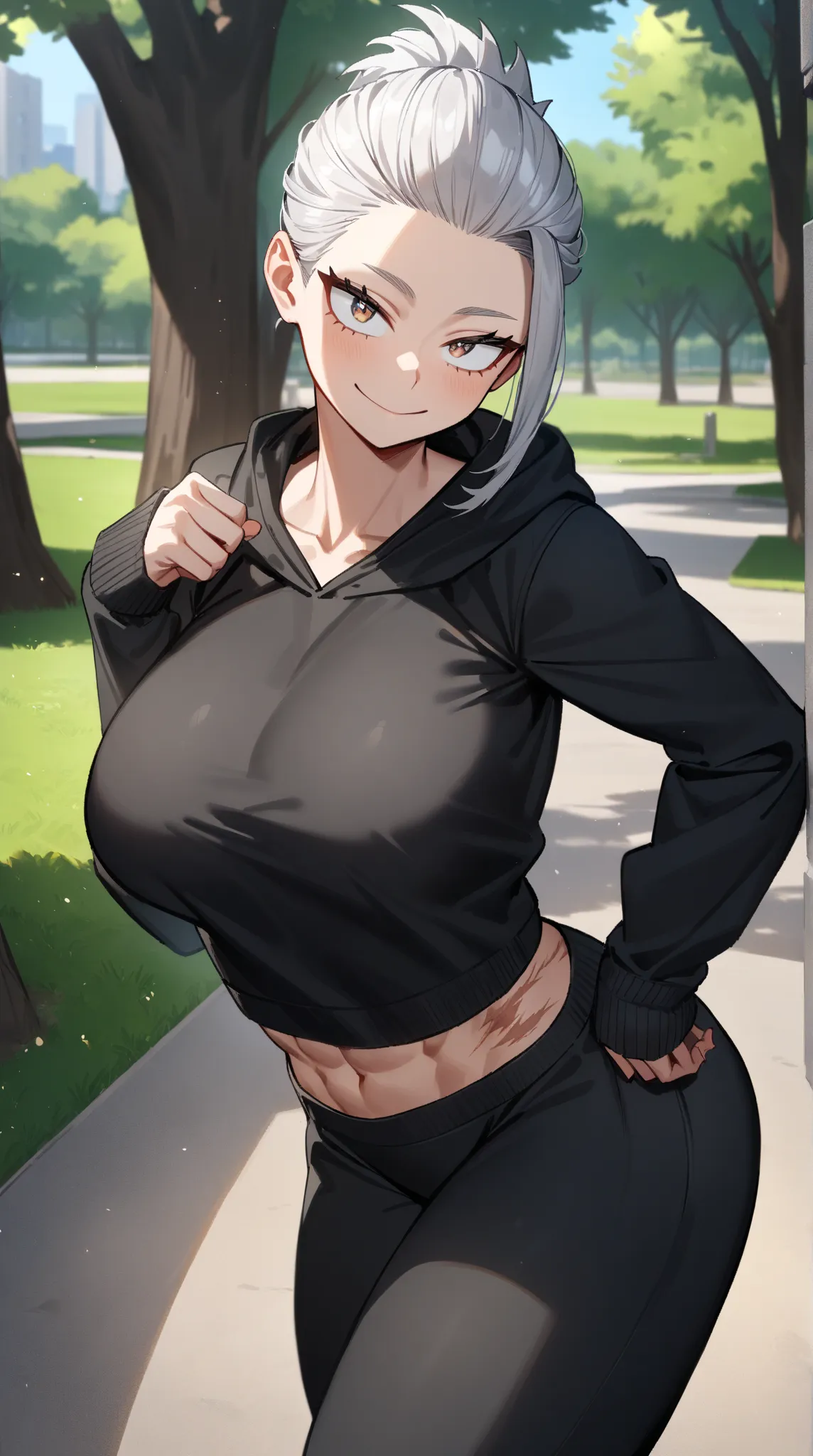 1teenager, female focus,athletic body, tall, fair skin,slick back silver hair medium length,hazel eyes,boku no hero academia,eyes on camera, black hoodie,black baggy pants,masterpiece, best quality, very aesthetic,scar crossing the eyes,abs, scars on body,...