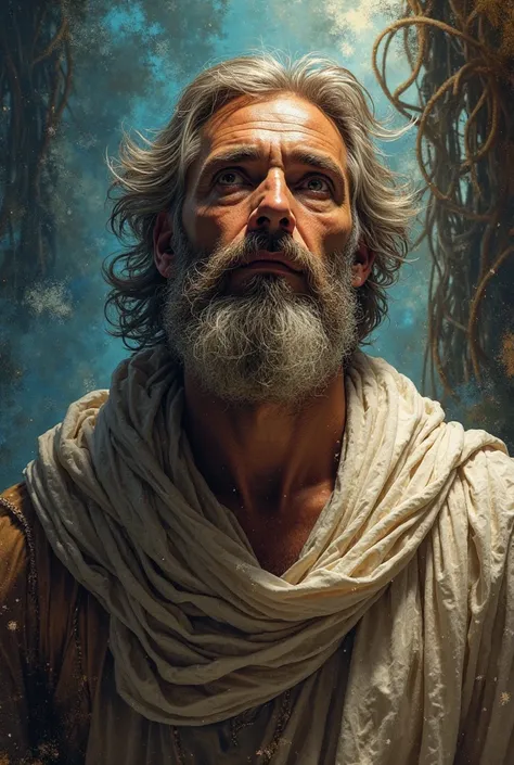 a man at the Akedah – a look full of faith, dark eyes – as a metaphor for passivity. The background combines two worlds: one connects Isaac to the Akedah and to the heavens, with flowing light symbolizing the connection to God; the other background could a...