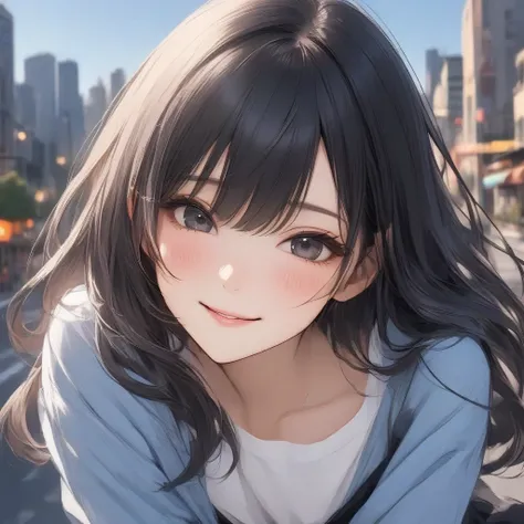 Black long bang hair, black eyes, white shirt, blue cardigan, black long skirt, gentle smile, blush, city background, masterpiece, looking at you, . 