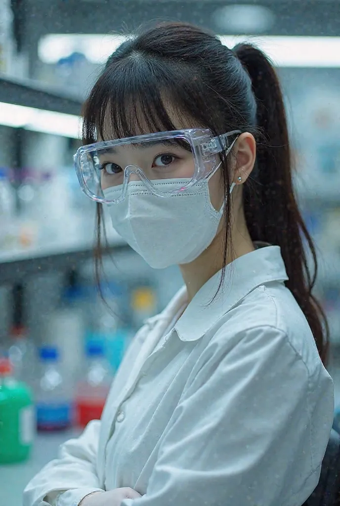 Indian lady in lab wearing a lab coat, goggles, mask, gloves. Having a fringe with a ponytail black hair