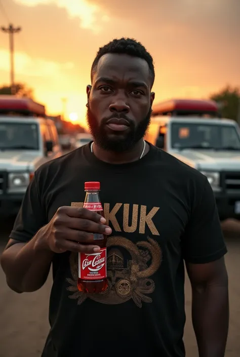 a slimed blacked man wearing BAKUK T shirt, holding onto a SP bottle, Toyota land cruisers in the background, detailed facial features, dynamic pose, masterpiece, photorealistic, 8K, ultra-detailed, physically-based rendering, professional studio lighting,...