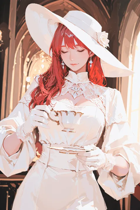 A beautiful woman with long,  red hair, wearing a white, lace-trimmed top and gloves, a wide-brimmed white hat, and delicate white jewelry, holding a teacup.  The image should be in a highly detailed, painterly style with a soft, romantic lighting, masterp...