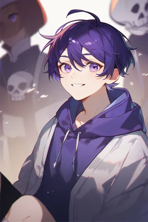 Cheerful and energetic boy character
I have short purple hair and small stupid hairs
It shows bright purple eyes and a big smile。
I'm wearing a purple hoodie with a white skull design and、wearing black shorts。
White skin