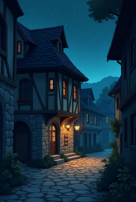 Create an image in this cartoon style of a corridor in the town at moonless night but if you see stars and keep the color palette of the original image 