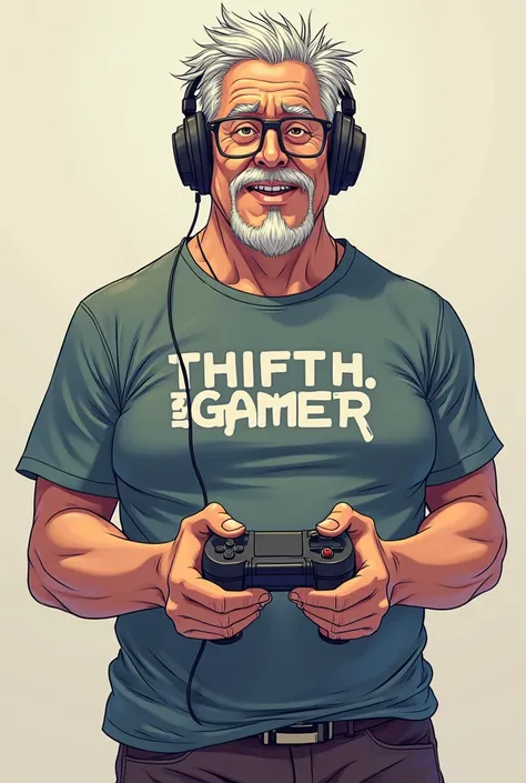 CREATE A FAT MALE ANIME CHARACTER WITH GLASSES SHORT HAIR FROM A GOATEE HOLDING VIDEO GAME CONTROL USING A HEADSET WITH THE SHIRT WRITTEN THIFTH.gamer
