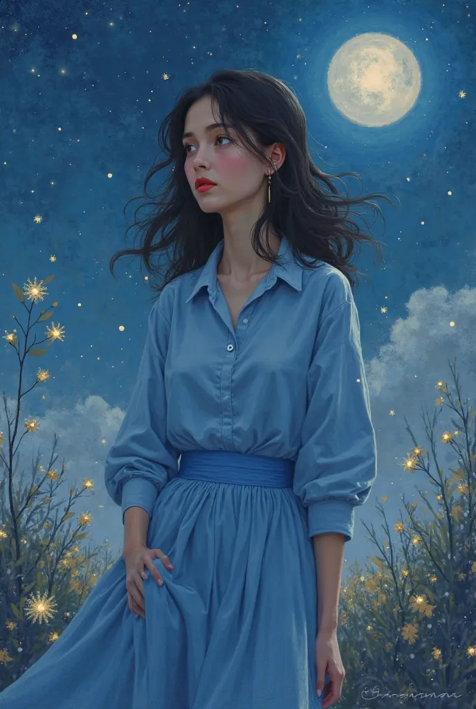 It's not realistic at night draw a girl in a normal classic blue outfit in a normal classic blue outfit but not like ai