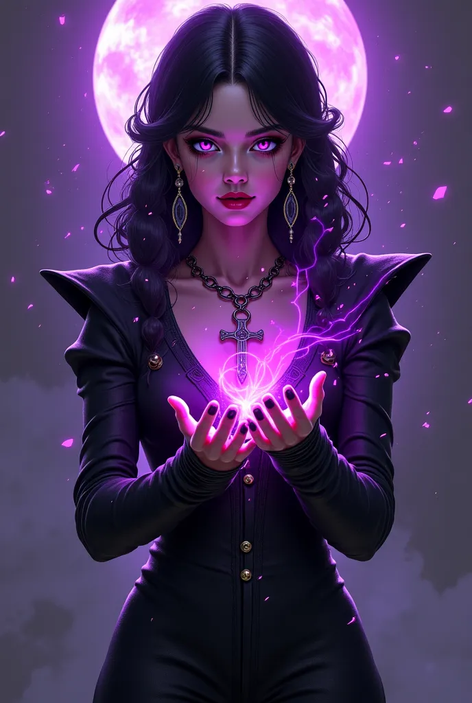 A sorceress of chaos. She's transgender. Your magic comes from chaos. her eyes shine in purple and red. your hair is black. It's dramatic and exotic in every detail. Powerful and chaotic. Her magic emanates from her hands, which is purple in color and is a...