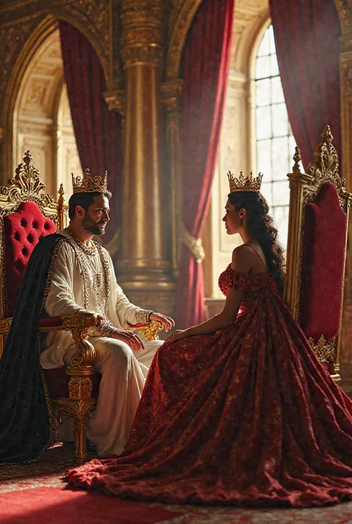 a king and queen in their majestic castle, The king and queen are seated on their golden thrones, each with a dazzling crown, The castle is richly decorated, with golden walls , large windows with red velvet curtains and a warm light that illuminates the s...